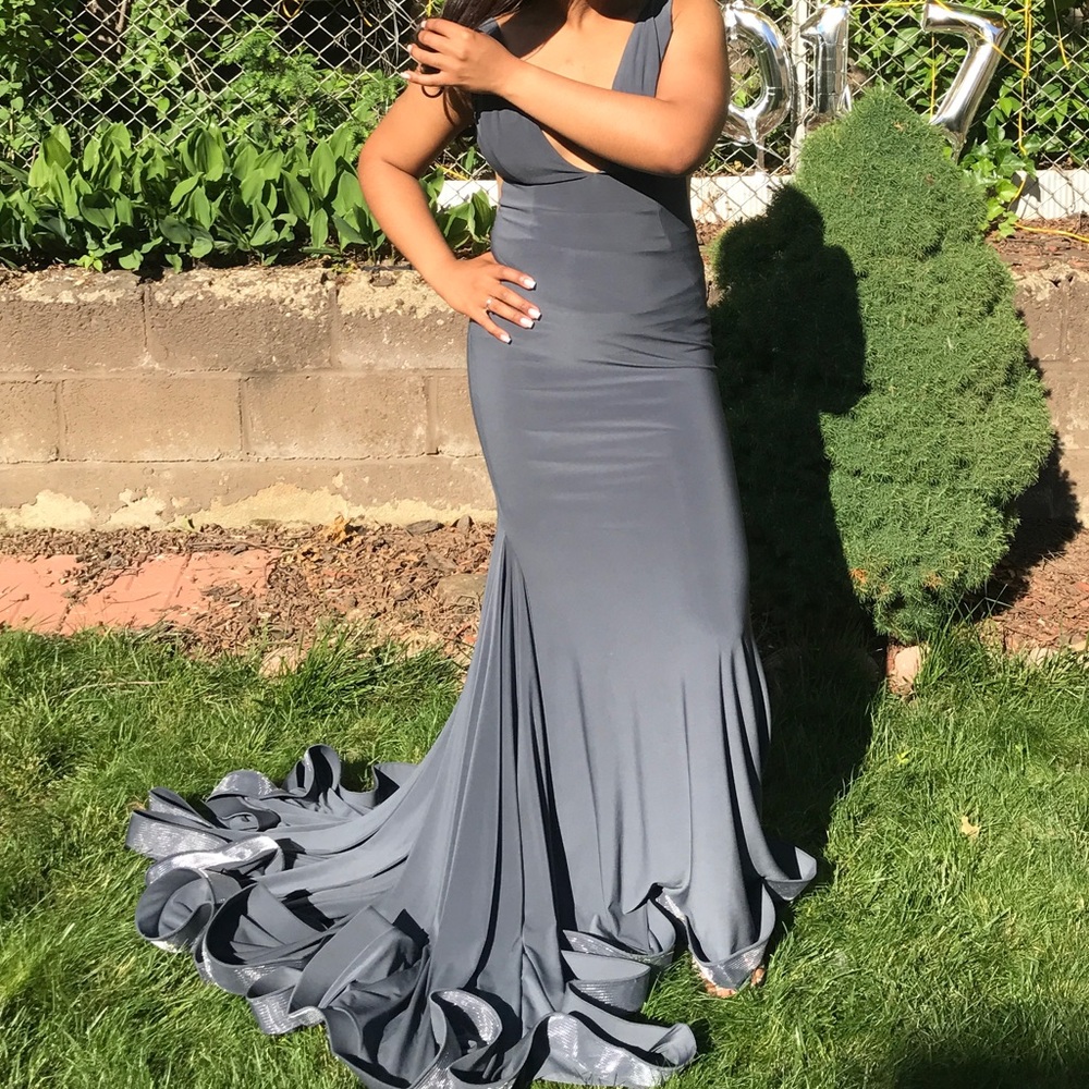 slate gray jovani promdress worn 1x perf condition - Picture 3 of 4